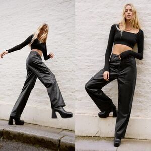 ZARA Black Faux Leather High-Rise Full Length Straight Cargo Pants Size Small